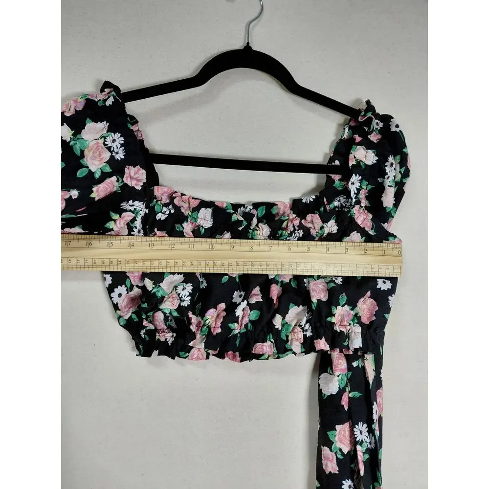 H&M Divided Black Floral Ruffle Smocked Stretch Blouse Women Size M